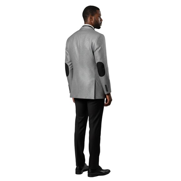 Puppytooth Elbow Patch Men's Classic Blazer Modern Fit, Silver - Picture 4 of 5